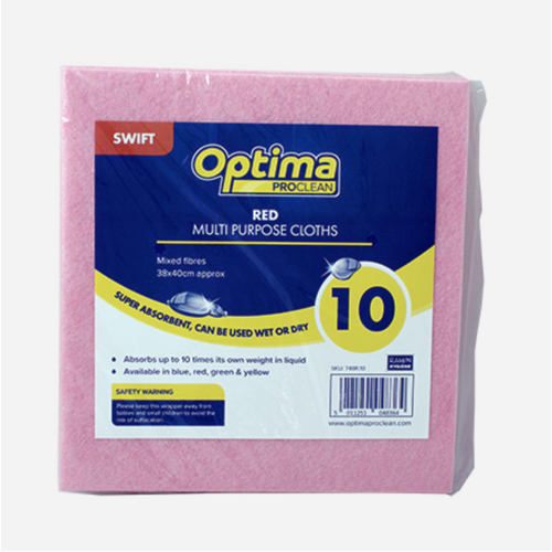 RED Super Absorbent Cloths (Pack x10) Optima Multi Purpose 