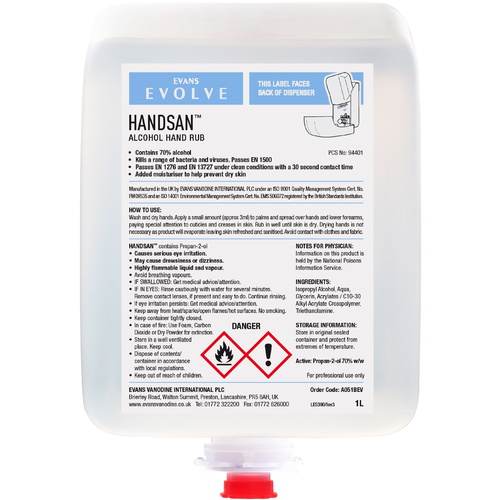 HANDSAN (Cartridges) - EVANS 70% Alcohol Hand Rub with Moisturiser (6x1L Cartridges)