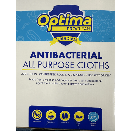 CASE OF 2 x Antibacterial All Purpose Cloths Blue Boxed Roll  -200 Sheets