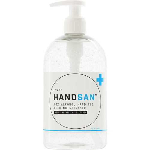 EVANS - HANDSAN  - 70% Alcohol Hand Rub Sanitiser Gel with Moisturiser Basin Bottle (500ml)