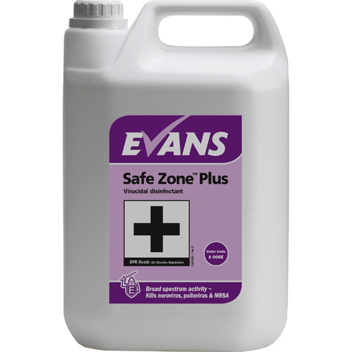 SAFE ZONE PLUS - EVANS - Virucidal Disinfectant eliminates Norovirus, Poliovirus, MRSA & C. diff (EN14476 & EN1276) (5L)