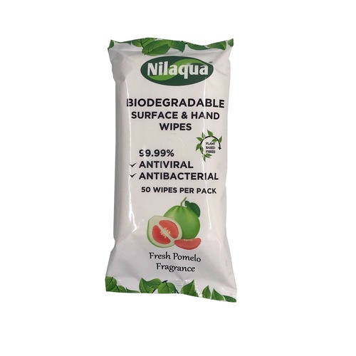 Nilaqua Antiviral Biodegradable Hand and Surface Wipes (50 Pack) Pomelo Fragrance